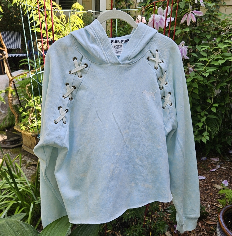 PINK Victoria's Secret Graphic Hoodie Sweatshirt LS Cropped Laced Blue Small EUC - Picture 12 of 12